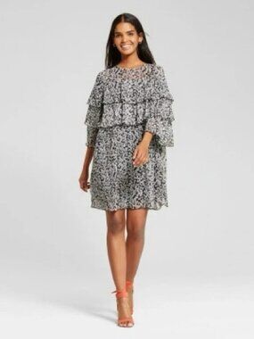 Who What Wear Black & White Floral Tiered Ruffle Chiffon Mini Shift Dress Small